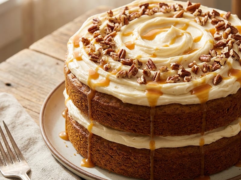 Pumpkin cake with cream cheese, pecan nuts and caramel