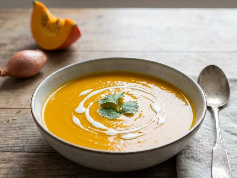 Pumpkin cream soup with curry and coconut milk