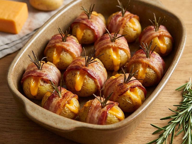 Bacon-wrapped potatoes with cheddar and rosemary