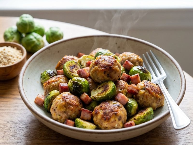 Oven-baked Meatballs with Brussels Sprouts and Bacon