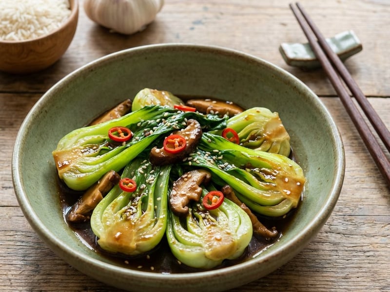 Pak choi sotat cu ciuperci shiitake