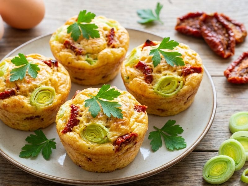 Muffins with eggs, sun-dried tomatoes, and leeks