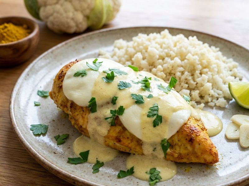 Chicken breast with curry and cauliflower rice