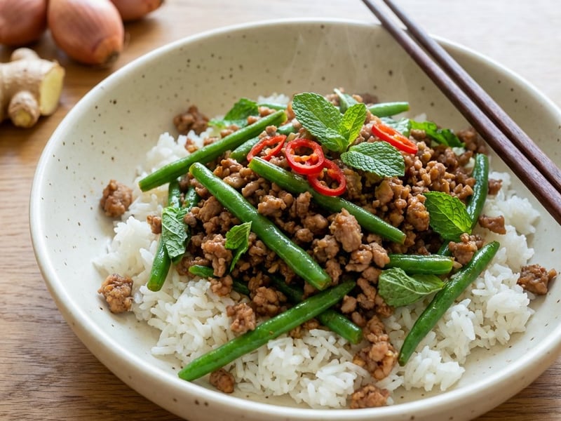 Đỗ xào thịt - Carne tocată cu păstăi de fasole verde