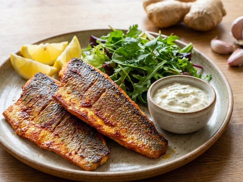 Biban de mare Tandoori cu salată proaspătă