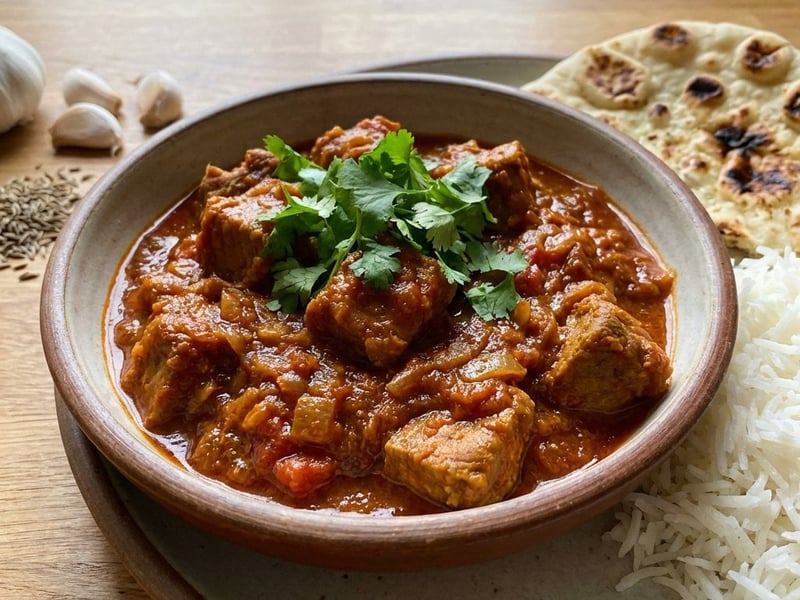 Spicy Pork Vindaloo with Basmati Rice and Naan
