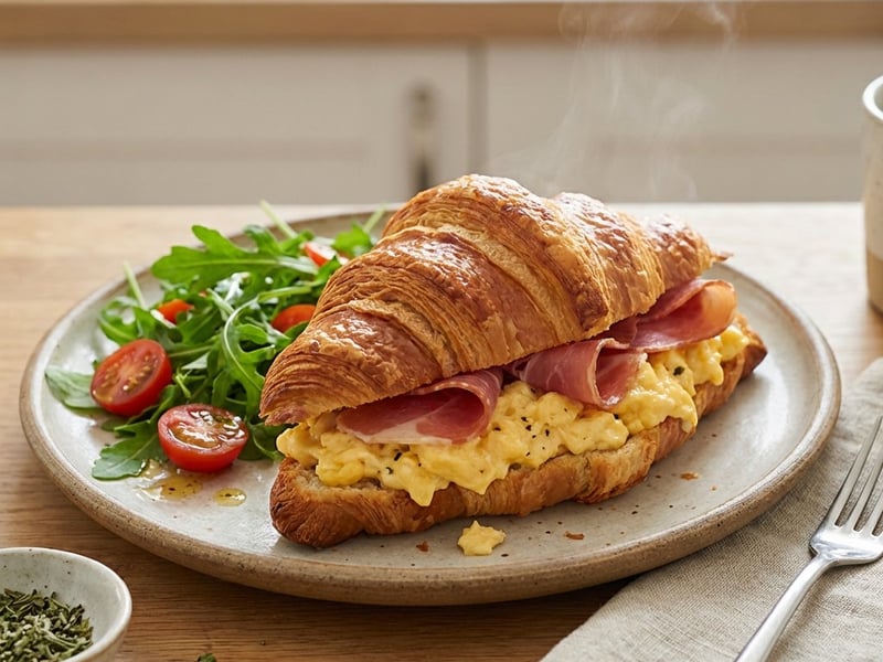 Croissant umplut cu ouă jumări cremoase și șuncă