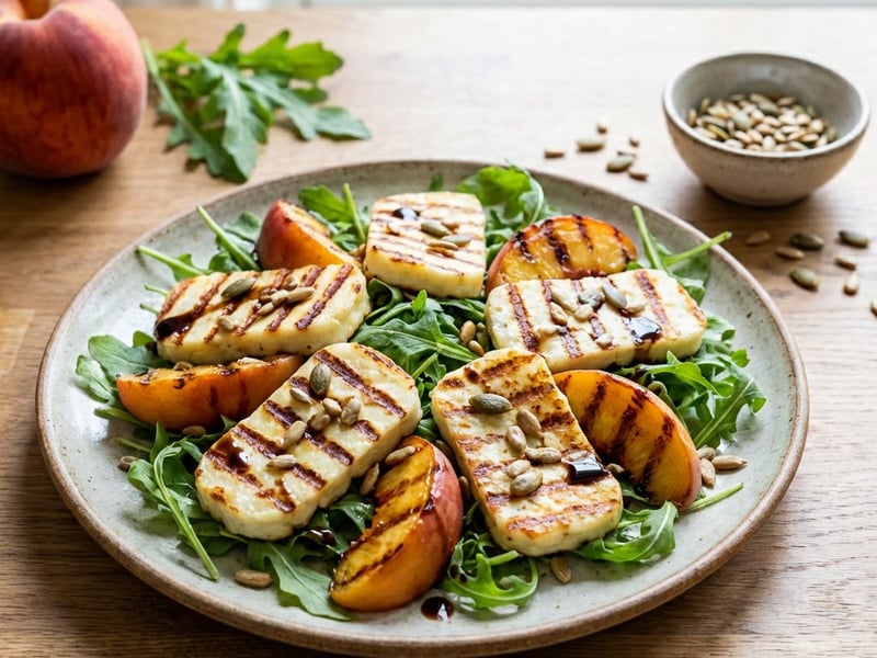 Salată cu brânză halloumi la grătar și piersici