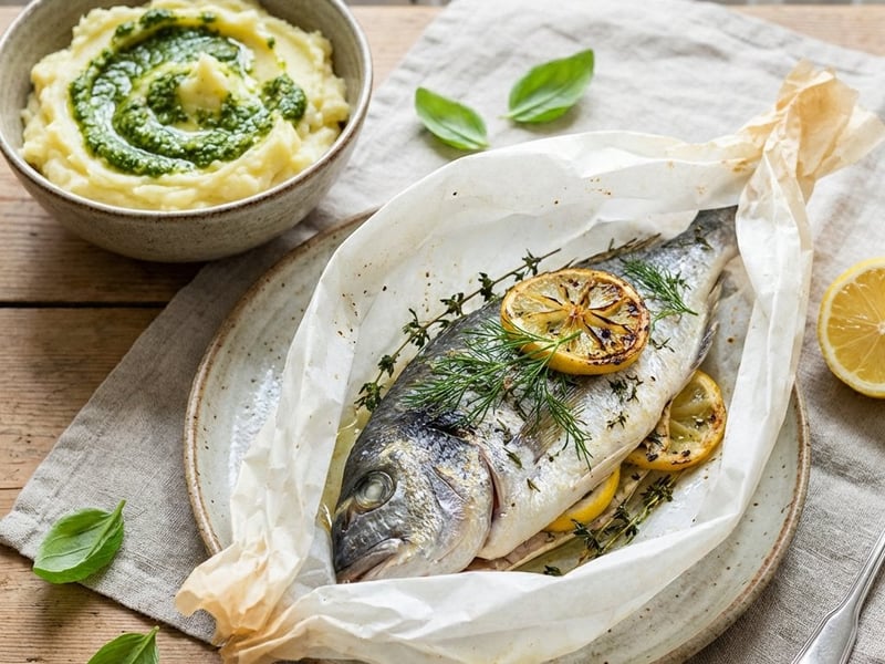 Doradă la cuptor în hârtie de copt cu piure de cartofi și pesto de busuioc