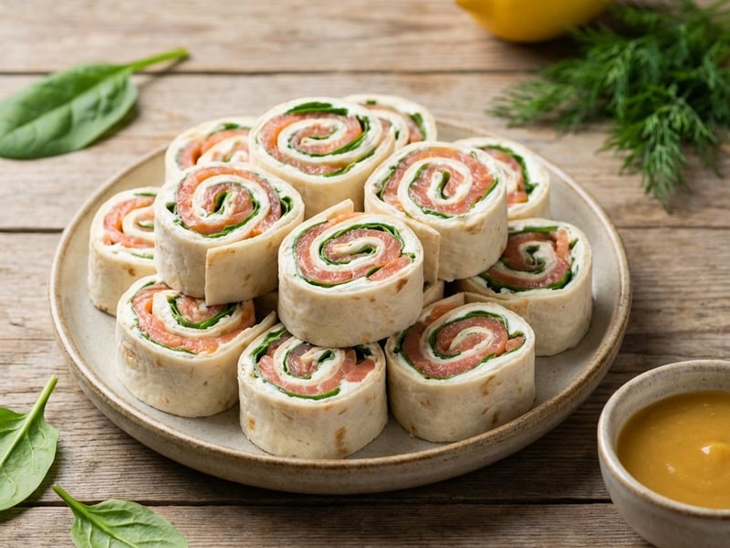 Rulouri de lavash cu somon afumat cu brânză cremă și spanac baby