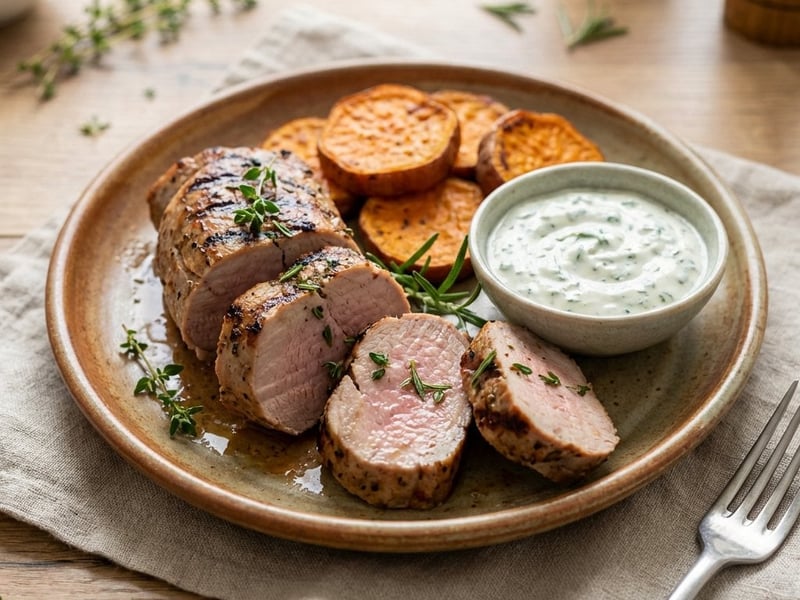 Grilled Pork Tenderloin with Sweet Potatoes and Sour Cream Sauce