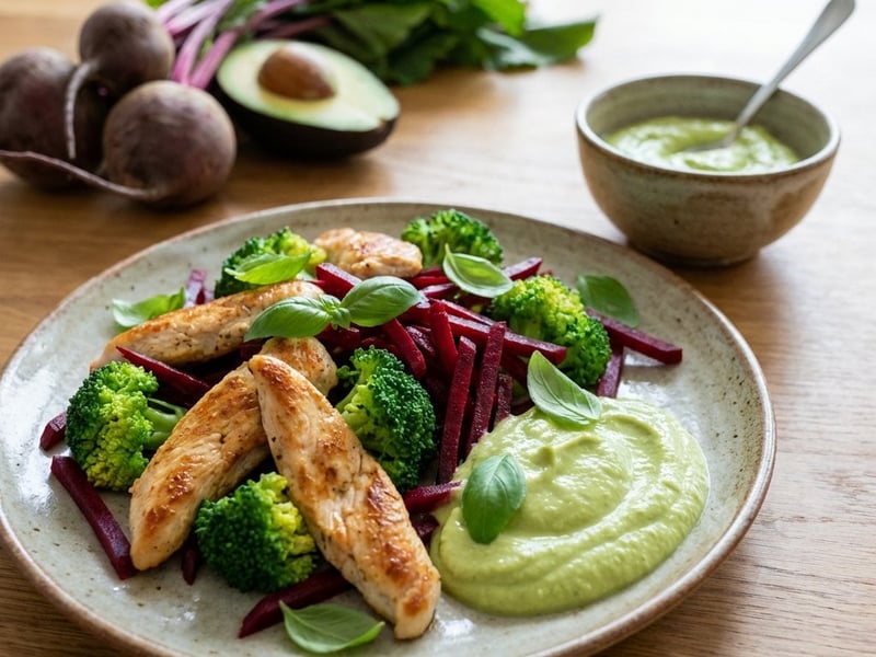 Chicken salad with avocado pesto and marinated beetroot