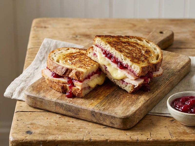 Sandviș cald cu curcan, brânză Camembert și merișoare