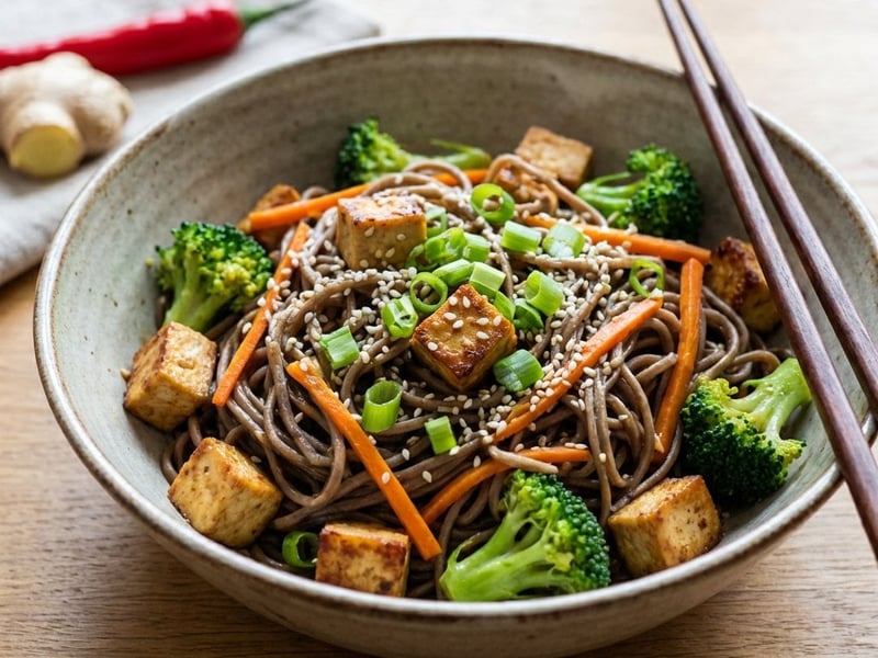 Tăiței soba cu tofu și broccoli