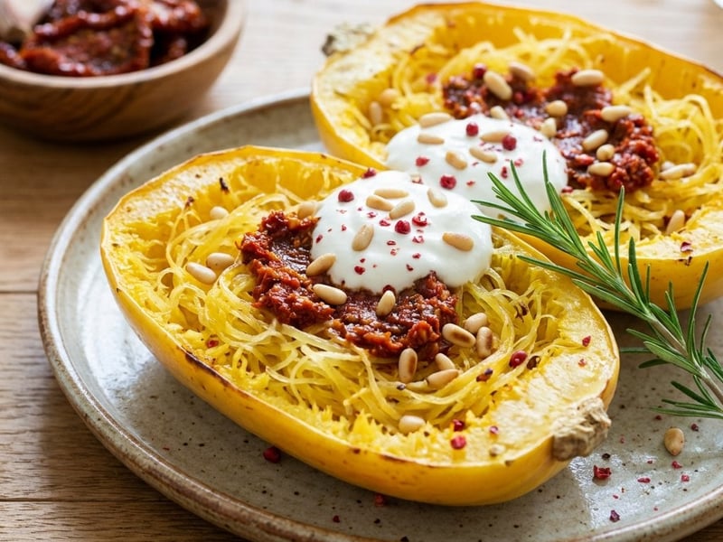 Spaghetti Squash with Crème Fraîche and Sun-Dried Tomato Pesto