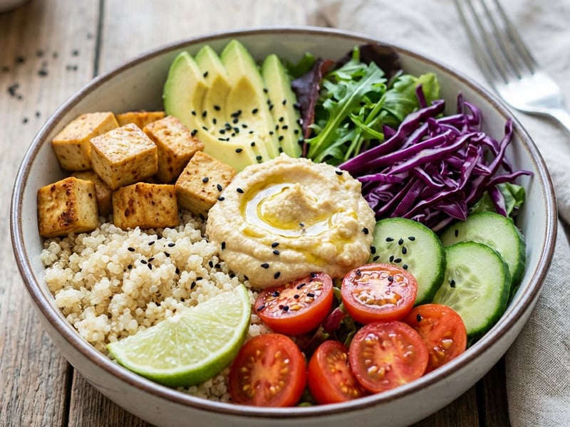 Buddha bowl cu hummus și tofu copt