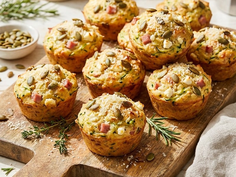 Savory muffins with zucchini, ham, and feta