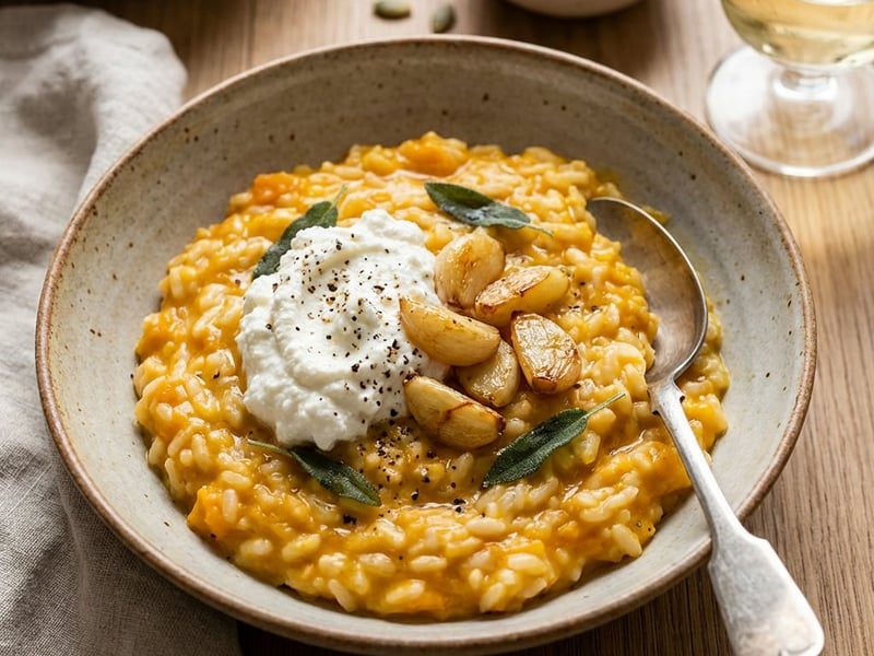 Risotto cu dovleac copt, usturoi și ricotta