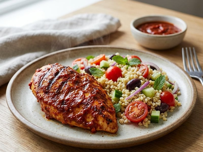 Chicken breast marinated in tomato sauce with bulgur and mint salad