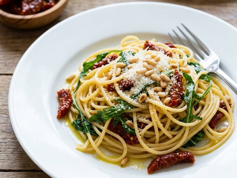 Spaghetti with sun-dried tomatoes and arugula