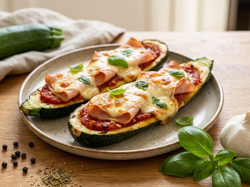 Dovlecei la cuptor umpluți cu șuncă de curcan și mozzarella