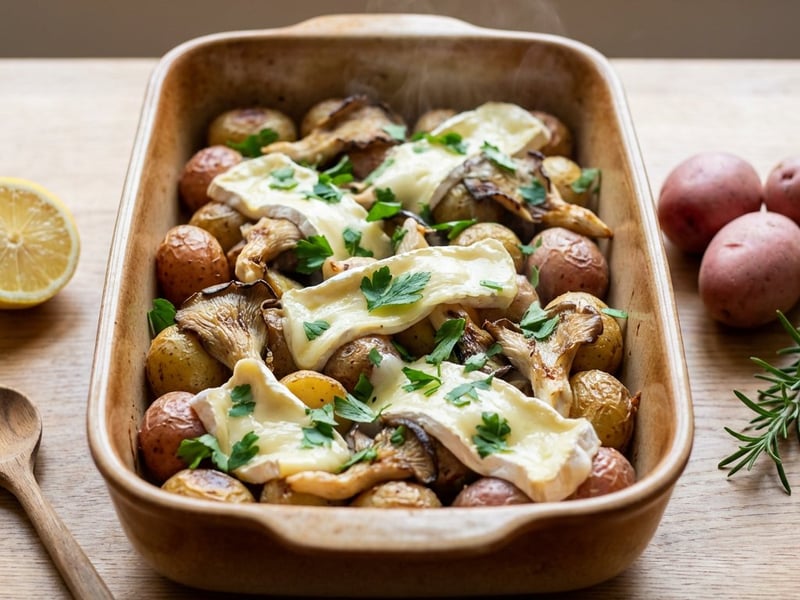 Cartofi cu lămâie, ciuperci pleurotus și camembert la cuptor