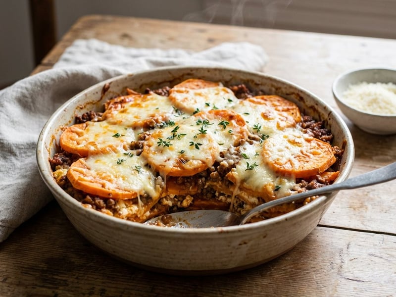 Lasagna de cartofi dulci cu carne de vită și brânză cottage