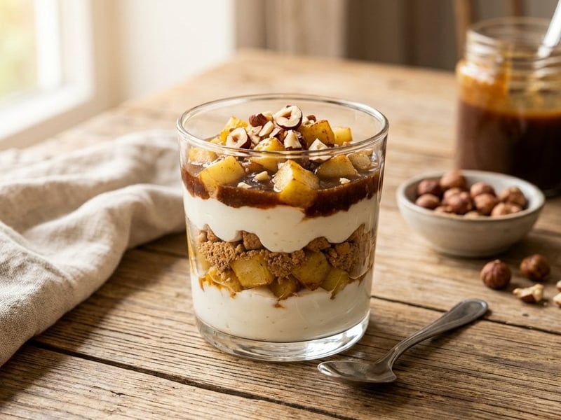 Desert la pahar cu brânză de vaci, mere coapte și caramel de curmale