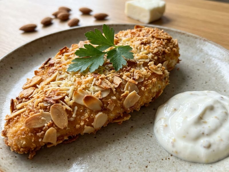 Șnițel de pui în crustă de migdale și halloumi