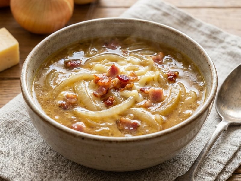 Onion soup with bacon and Edam cheese