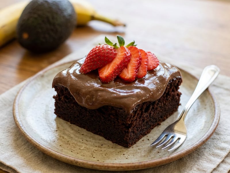Tort de ciocolată cu glazură de avocado și banane