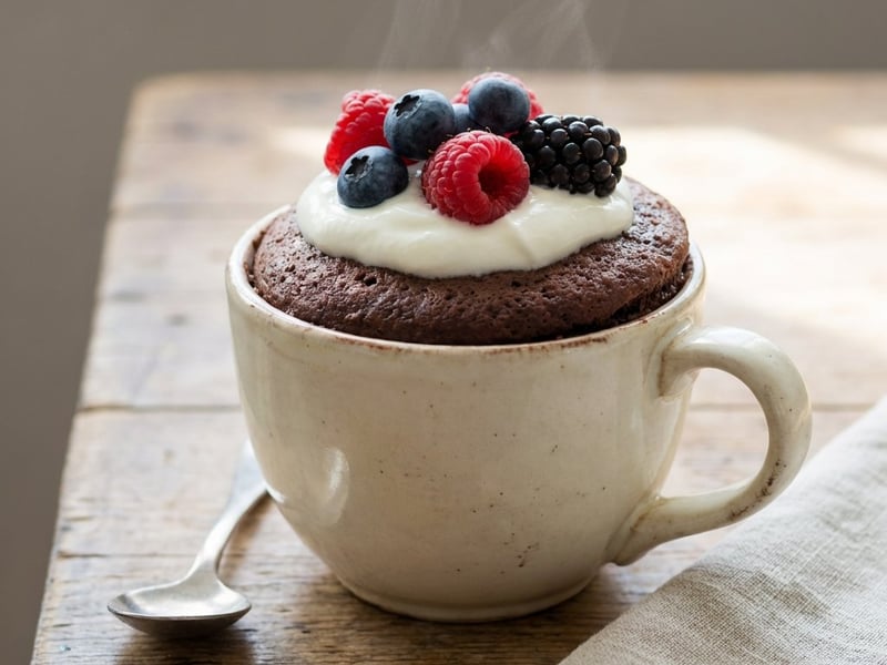 Mug cake cu ciocolată și fructe de pădure