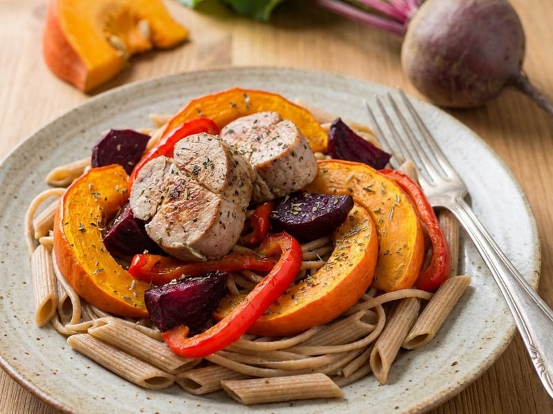 Paste cu mușchiuleț de porc și legume coapte