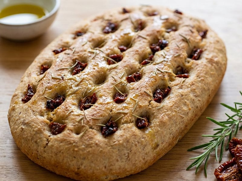 Focaccia cu rozmarin și roșii uscate cu spelta
