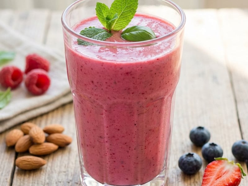 Smoothie roz cu migdale și fructe de pădure
