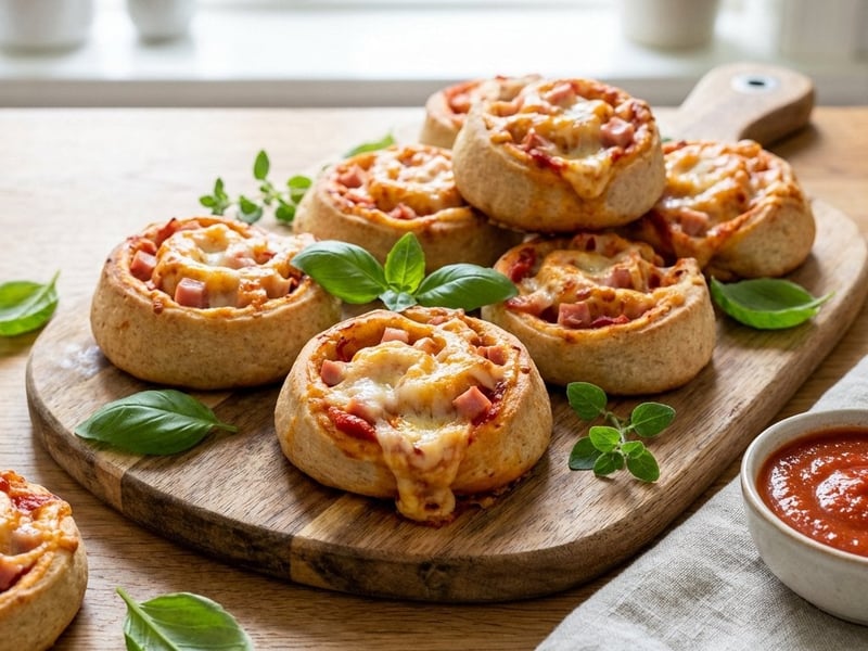 Rulouri pizza din aluat de speltă cu șuncă și brânză