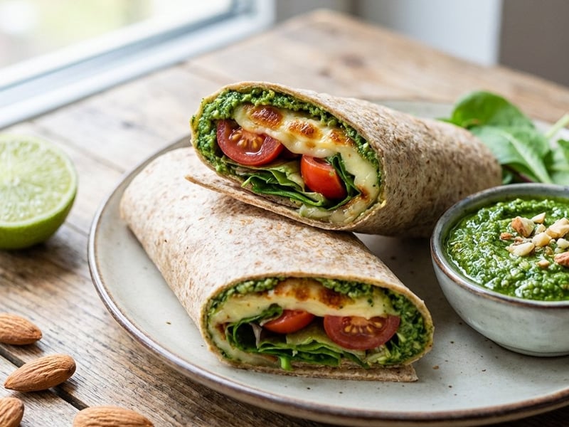 Grilled Cheese Wrap with Spinach Pesto and Tomatoes