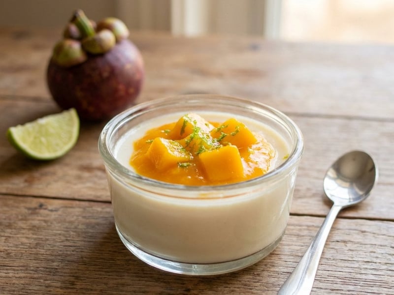 Panna cotta cu mangostan și mango