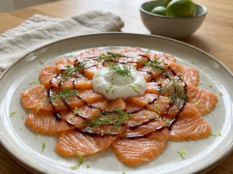 Carpaccio de somon cu cremă de cocos și limetă