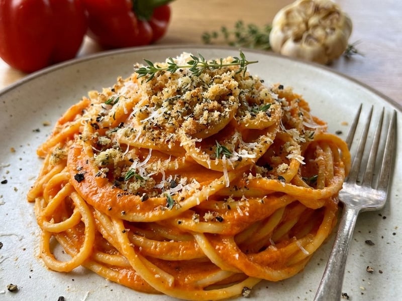 Spaghetti with roasted pepper sauce and aromatic breadcrumbs