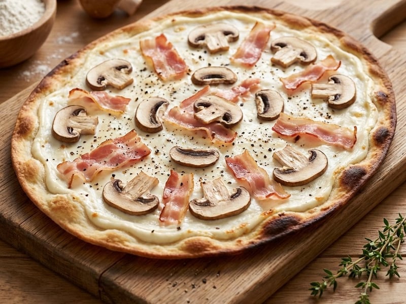Flammkuchen cu ciuperci și bacon