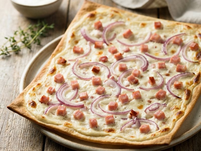 Flammkuchen with Ham and Red Onion