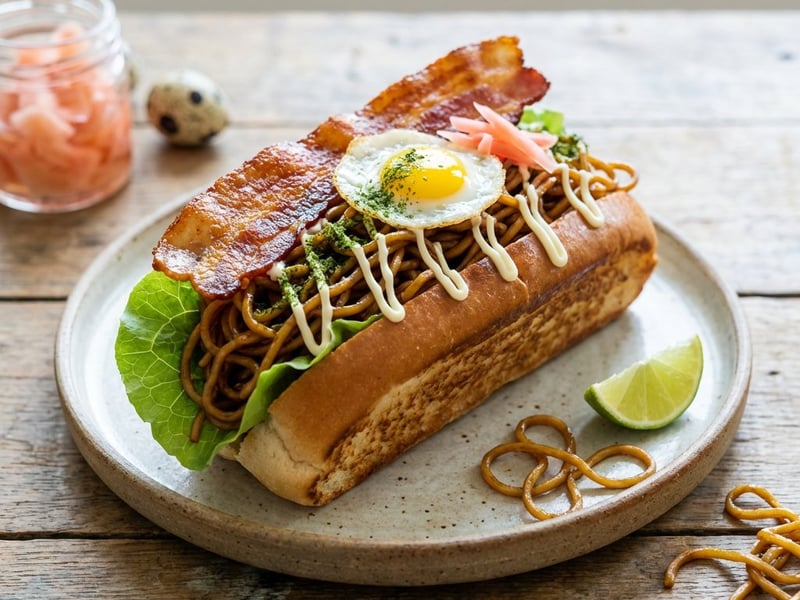 Asian-style Hot Dog with Noodles and Crispy Bacon