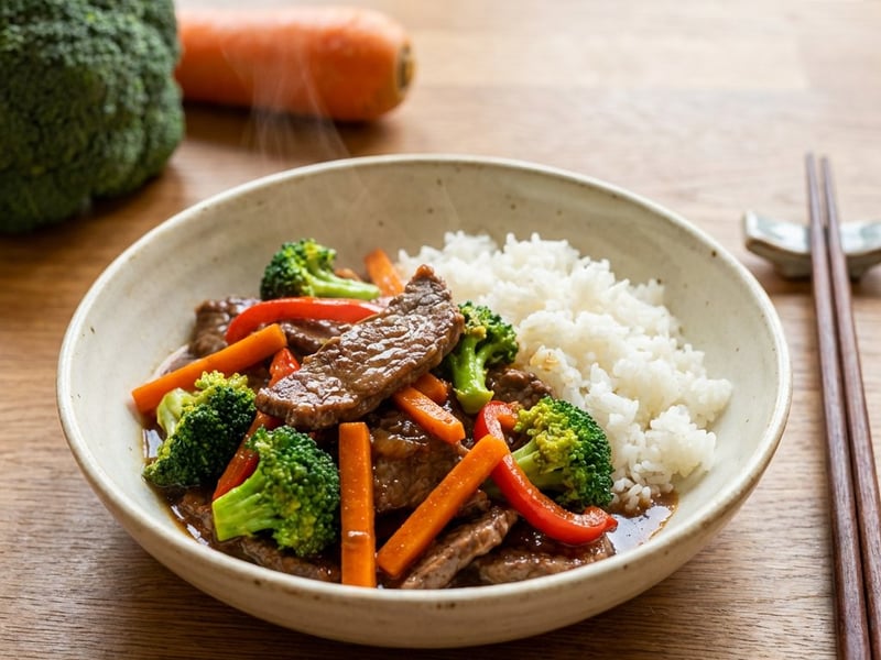 Vită stir-fry cu broccoli și legume asiatice