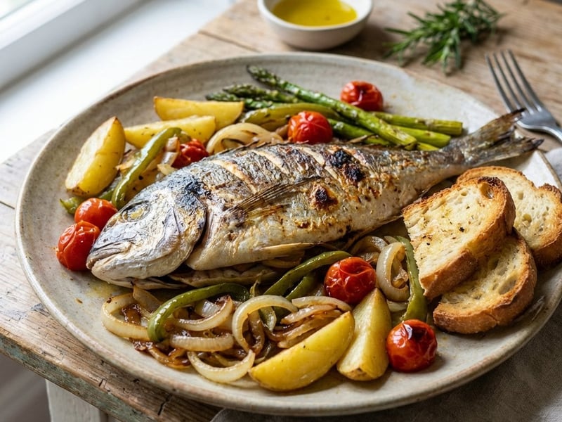 Doradă cu legume la tigaie