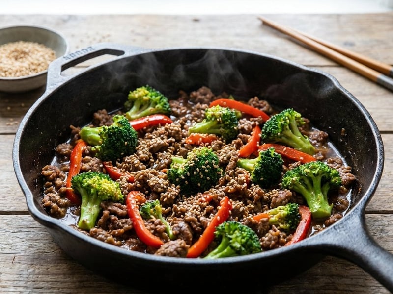 Vită cu broccoli și ardei în stil asiatic