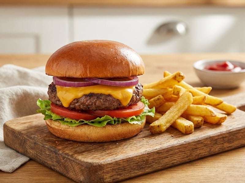 Hamburger cu cartofi prăjiți la cuptor