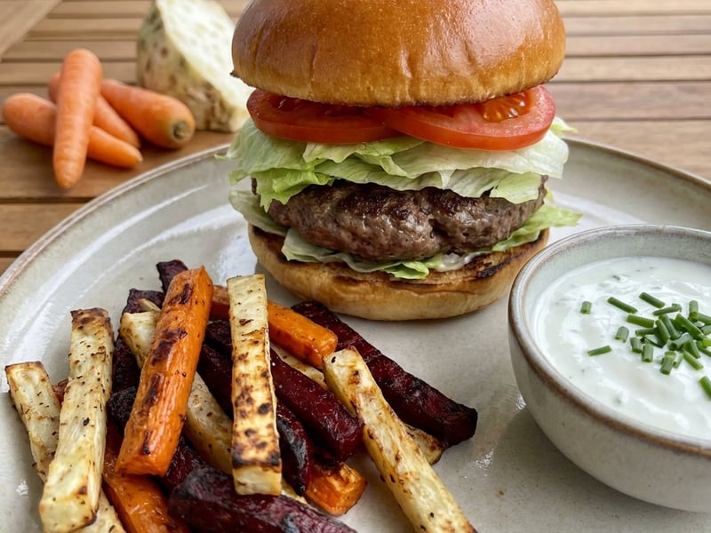 Burger with vegetable fries and yogurt dip