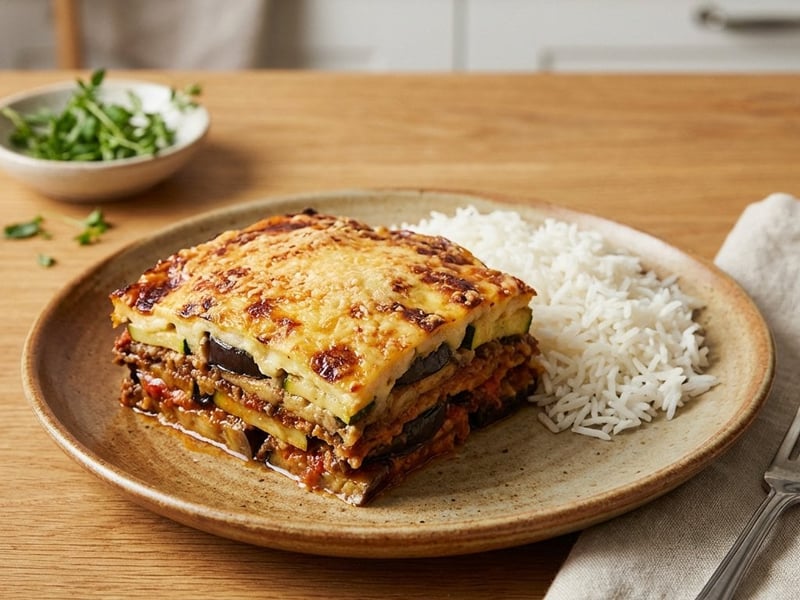 Eggplant and Zucchini Moussaka with Basmati Rice