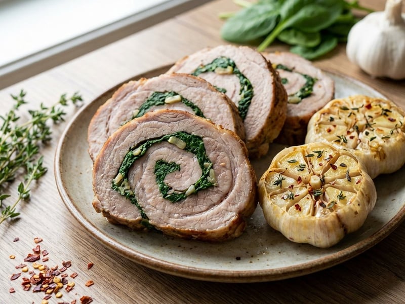 Ruladă de porc cu spanac și usturoi copt